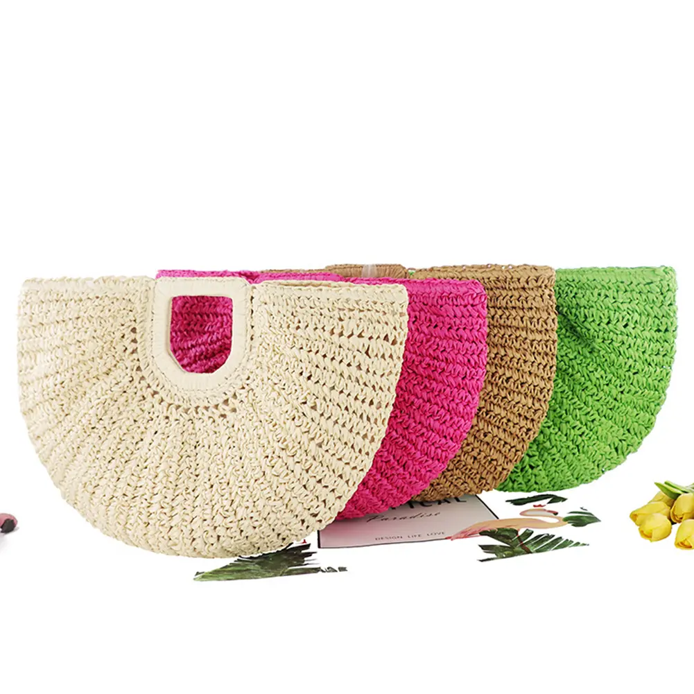 Women Handmade Straw Tote Bag Large Capacity Half-Moon Straw Handbag Solid Color Vintage Woven Handbag Female Daily Bag
