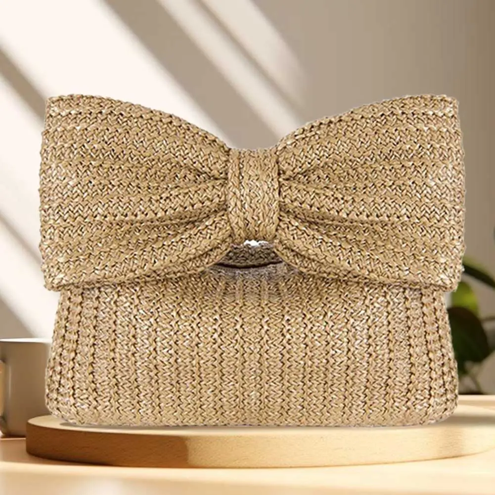 Luxury Bow Straw Bag for Women Crochet Beach Tote Handbag Raffia Woven Purse Rattan Female Party Wedding Bag Summer Clutch Bag