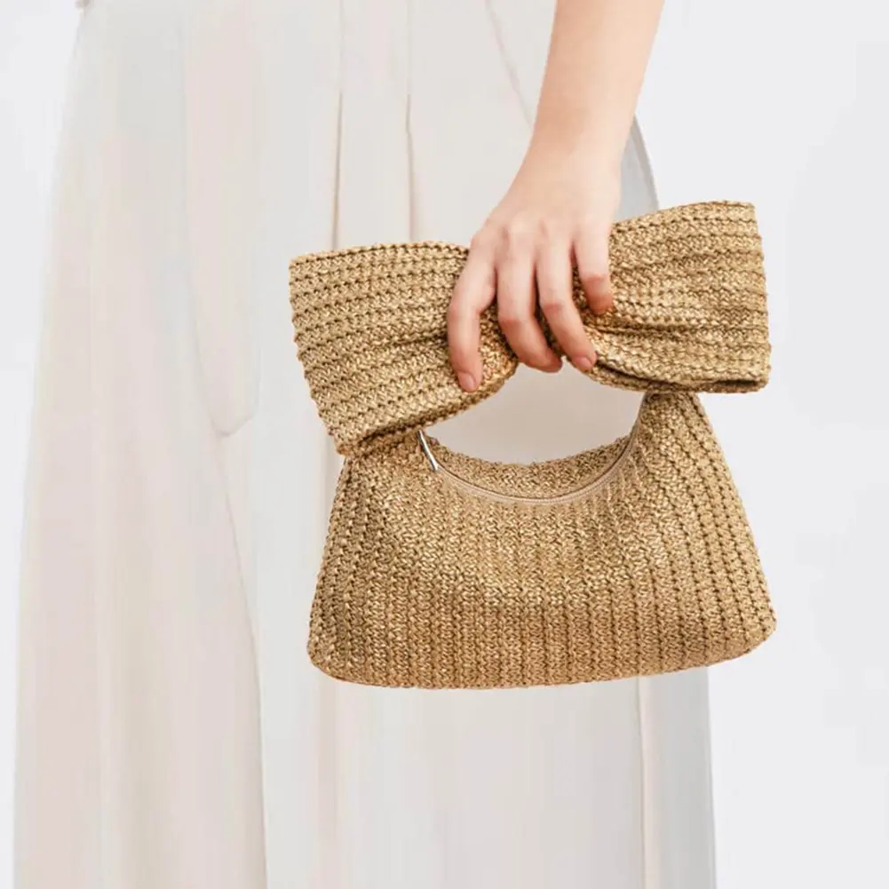 Luxury Bow Straw Bag for Women Crochet Beach Tote Handbag Raffia Woven Purse Rattan Female Party Wedding Bag Summer Clutch Bag