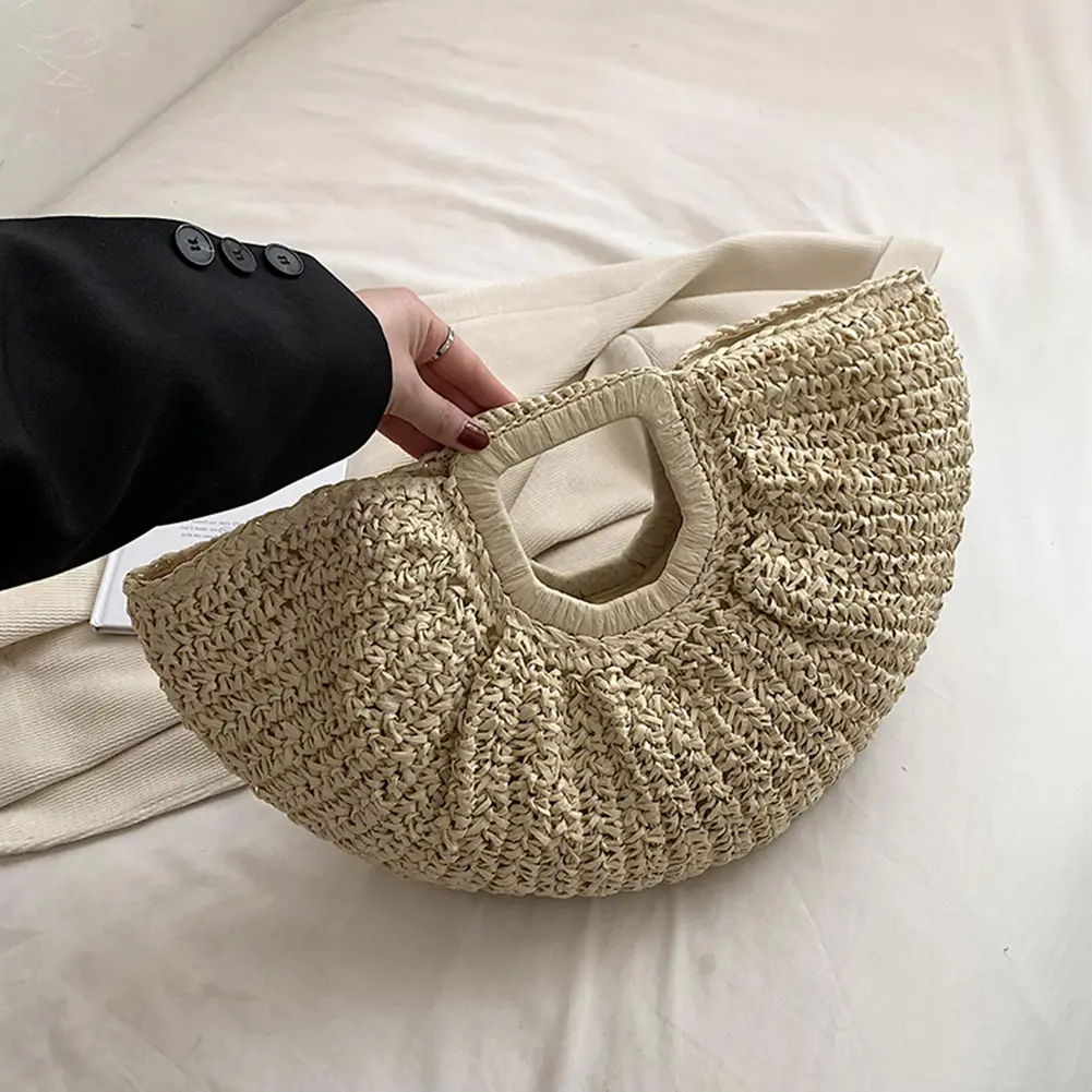 Women Handmade Straw Tote Bag Large Capacity Half-Moon Straw Handbag Solid Color Vintage Woven Handbag Female Daily Bag