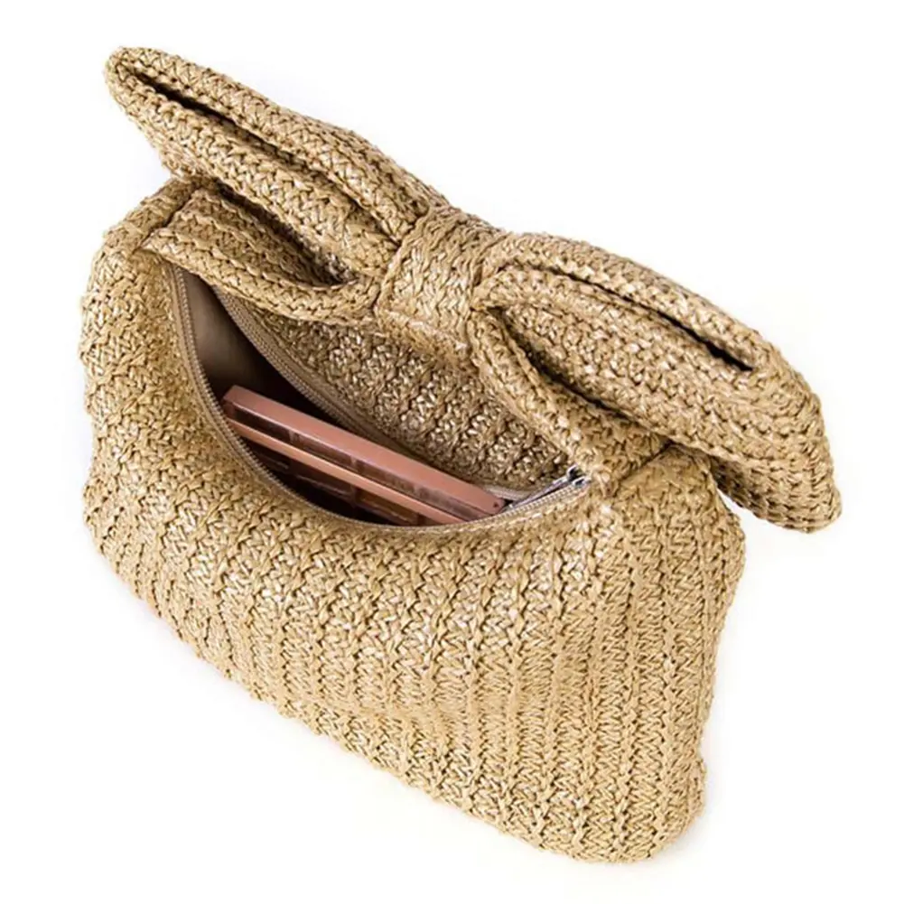 Luxury Bow Straw Bag for Women Crochet Beach Tote Handbag Raffia Woven Purse Rattan Female Party Wedding Bag Summer Clutch Bag
