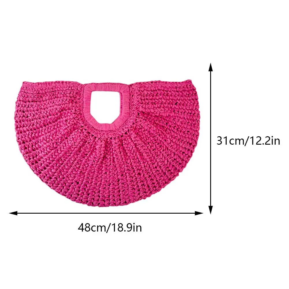 Women Handmade Straw Tote Bag Large Capacity Half-Moon Straw Handbag Solid Color Vintage Woven Handbag Female Daily Bag