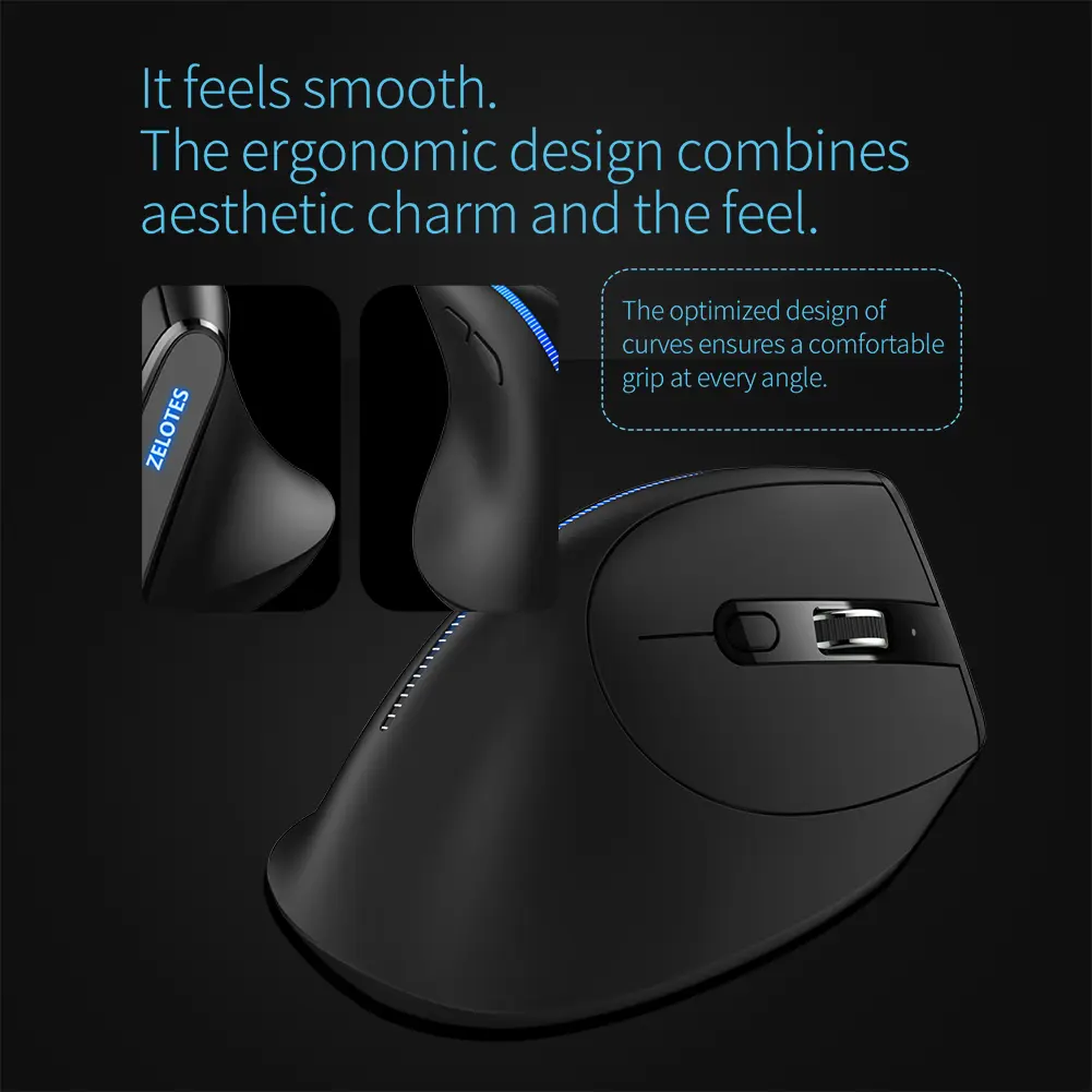 ZELOTES F-36A 2.4G Wireless Mouse Rechargeable Mice Ergonomic 6 Buttons Optical Vertical Mouse 2400 DPI Adjustable Gaming Mouse