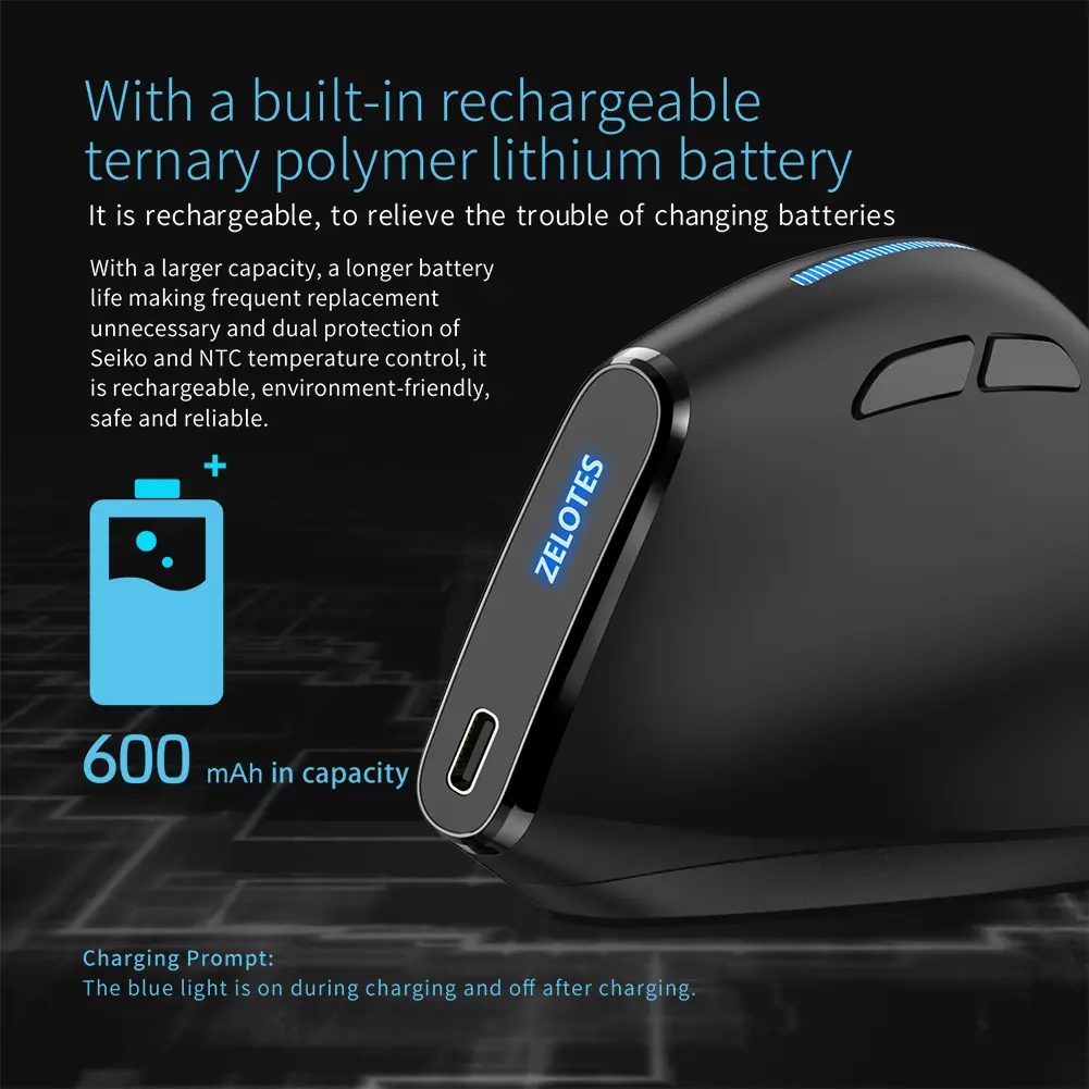 ZELOTES F-36A 2.4G Wireless Mouse Rechargeable Mice Ergonomic 6 Buttons Optical Vertical Mouse 2400 DPI Adjustable Gaming Mouse