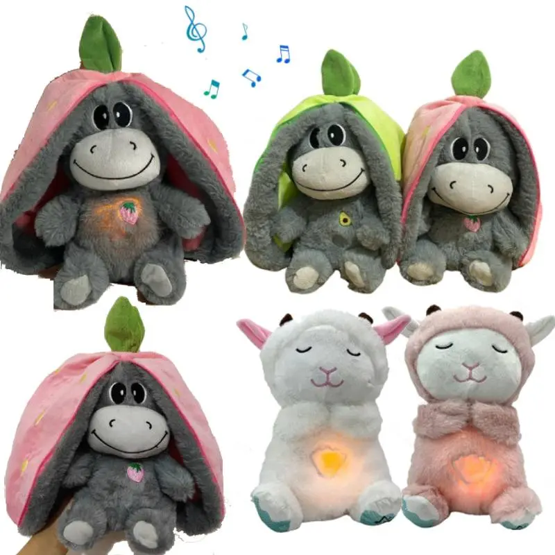 30CM Strawberry Donkey Plush Doll Breathing Music Lighting Plush Toys Into Fruit Transform Cute Baby Sleeping Stuffed Fluffy Toy