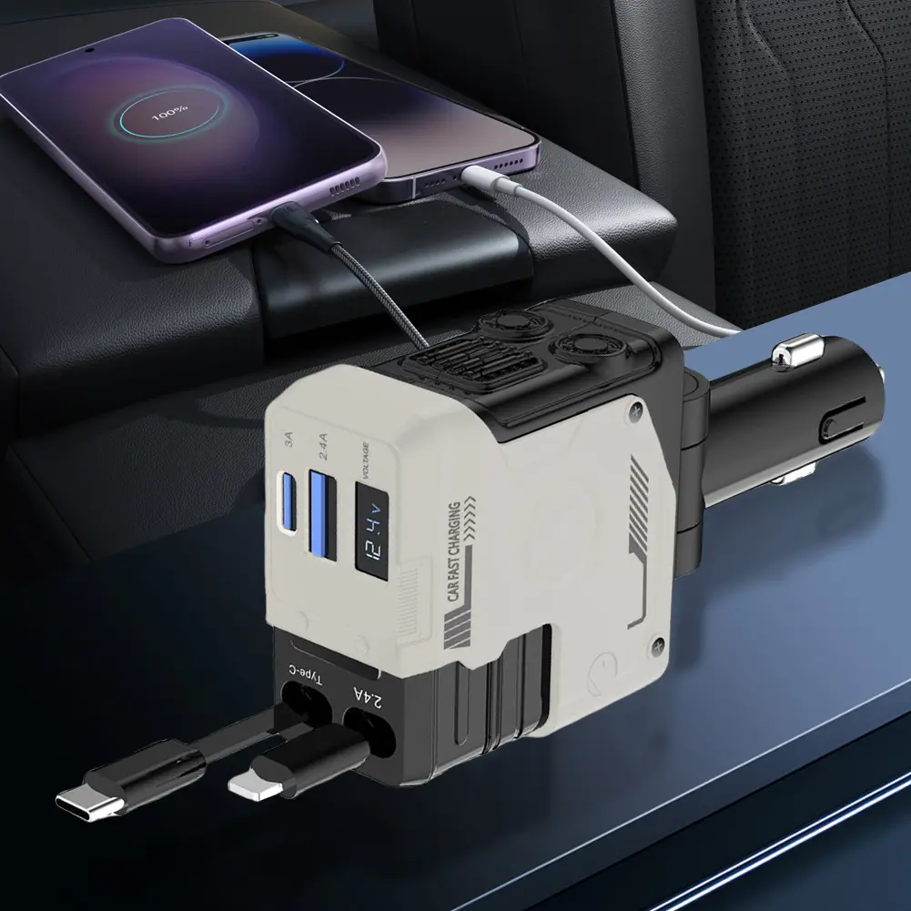 4 in 1 Retractable Car Charger Fast Car Phone Charger Fast Charging Adapter Type-C Car Charger Adapter for IPhone/Samsung/Huawei