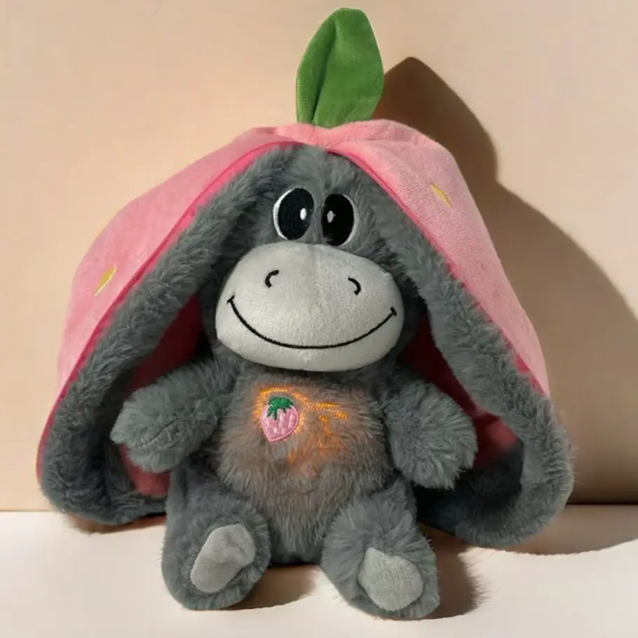 30CM Strawberry Donkey Plush Doll Breathing Music Lighting Plush Toys Into Fruit Transform Cute Baby Sleeping Stuffed Fluffy Toy