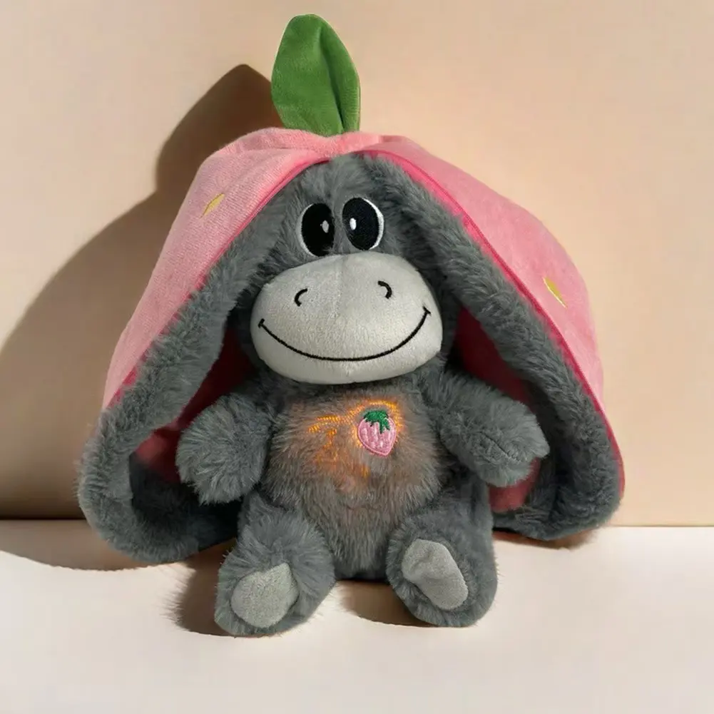30CM Strawberry Donkey Plush Doll Breathing Music Lighting Plush Toys Into Fruit Transform Cute Baby Sleeping Stuffed Fluffy Toy