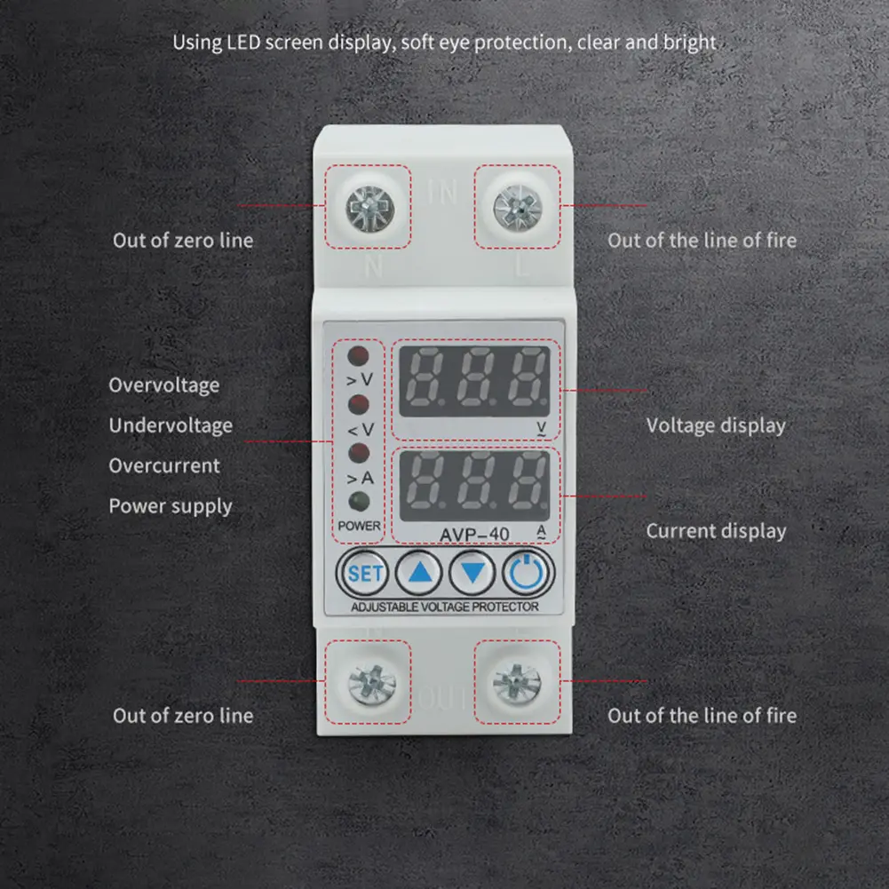 220V 40/63A Adjust Voltage Relay Over Current Protection Limit Relay Protector Din Rail Ammeter Voltmeter