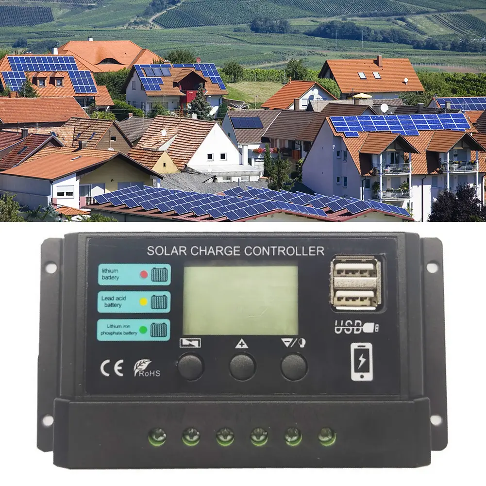 10A/20A/30A Solar Panel Charge Controller Dual USB Port Solar Charge Regulator PWM Adjustable for Lithium Iron Phosphate Battery