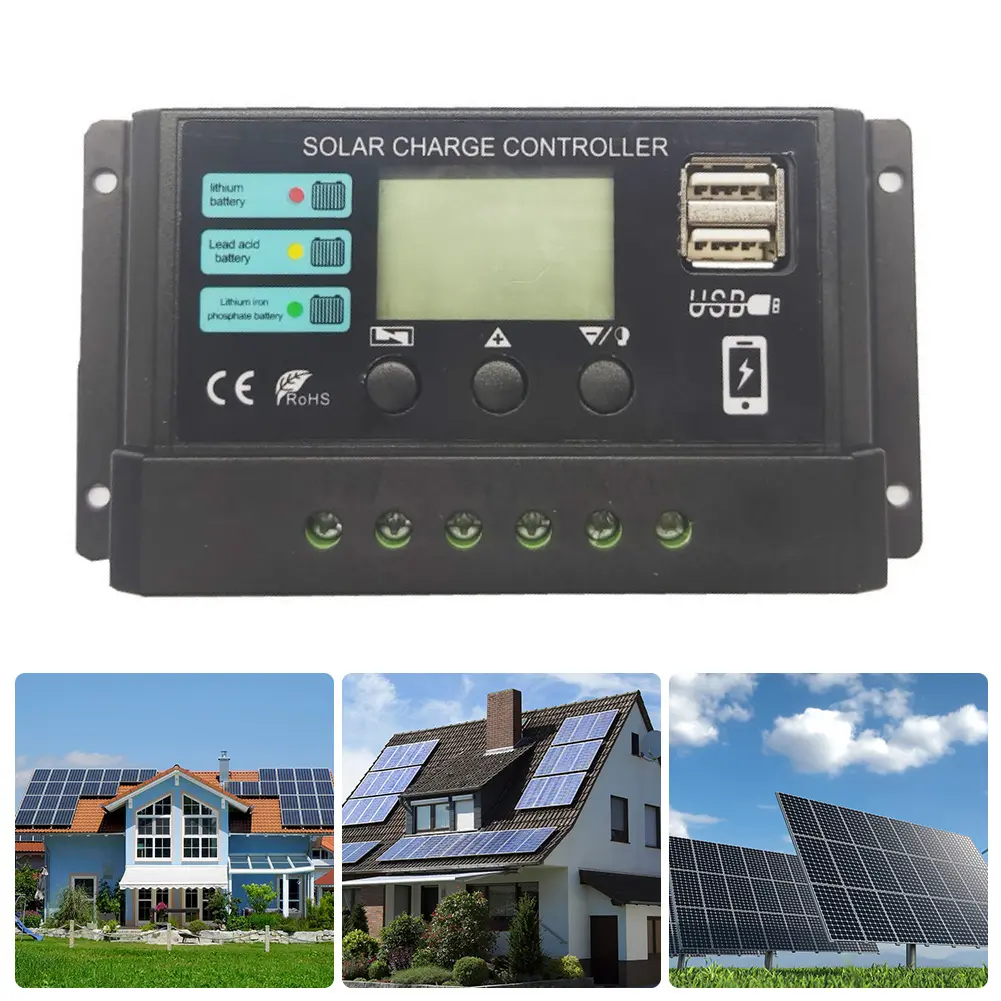 10A/20A/30A Solar Panel Charge Controller Dual USB Port Solar Charge Regulator PWM Adjustable for Lithium Iron Phosphate Battery