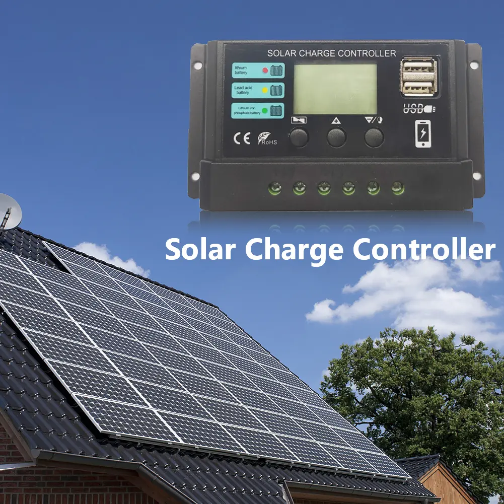 10A/20A/30A Solar Panel Charge Controller Dual USB Port Solar Charge Regulator PWM Adjustable for Lithium Iron Phosphate Battery