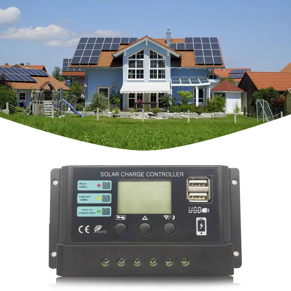 10A/20A/30A Solar Panel Charge Controller Dual USB Port Solar Charge Regulator PWM Adjustable for Lithium Iron Phosphate Battery
