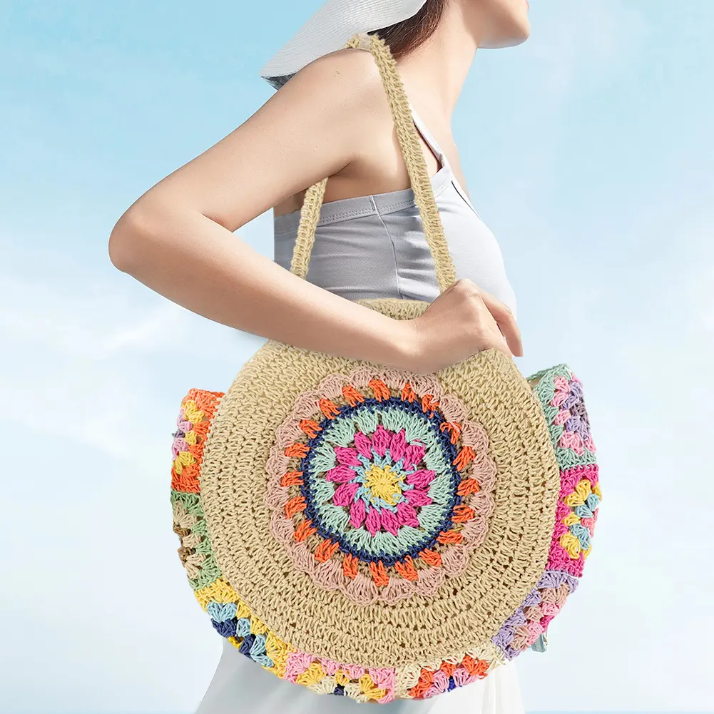 Women Fashion Woven Handbag Large Capacity Straw Woven Tote Bag Vacation Shoulder Bag Ethnic Style Stylish Handbag