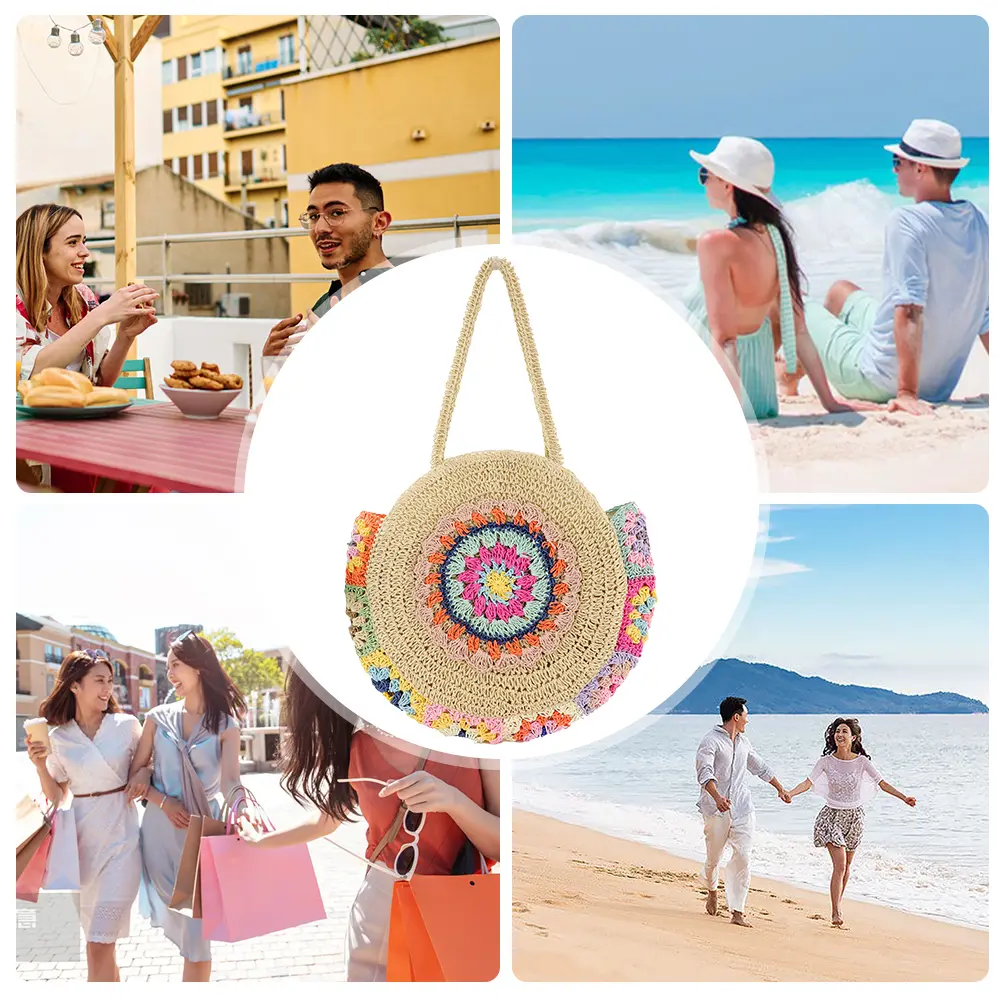 Women Fashion Woven Handbag Large Capacity Straw Woven Tote Bag Vacation Shoulder Bag Ethnic Style Stylish Handbag