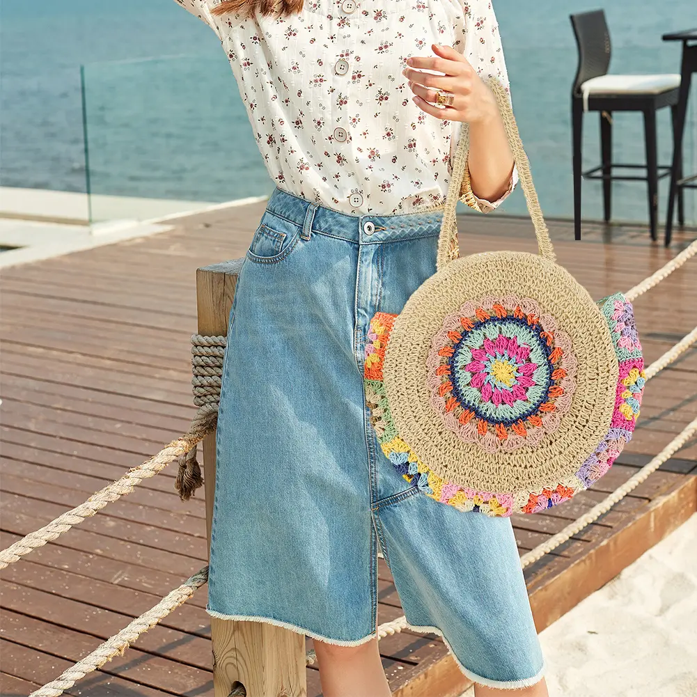 Women Fashion Woven Handbag Large Capacity Straw Woven Tote Bag Vacation Shoulder Bag Ethnic Style Stylish Handbag