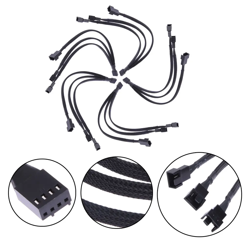 4 pin PWM Fan Cable 1 to 3 ways  Splitter Black Sleeved Extension Cable