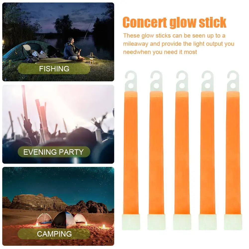 5/10PCS 6 inch Glow Stick with Hook Waterproof Fluorescence Light for Hiking Camping Outdoor Emergency Concert Party Light Stick