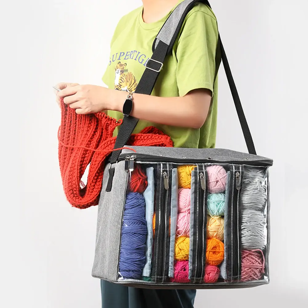Knitting Needles Yarn Bag Portable Clear Visible 600D Oxford Thread Yarn Bag Telescopic Strap Lightweight for Sewing Accessories