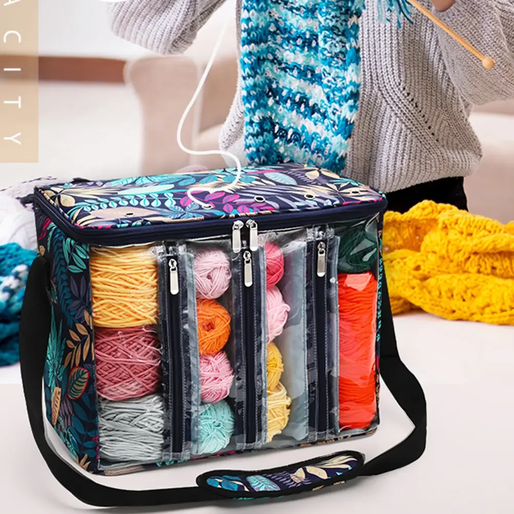 Knitting Needles Yarn Bag Portable Clear Visible 600D Oxford Thread Yarn Bag Telescopic Strap Lightweight for Sewing Accessories
