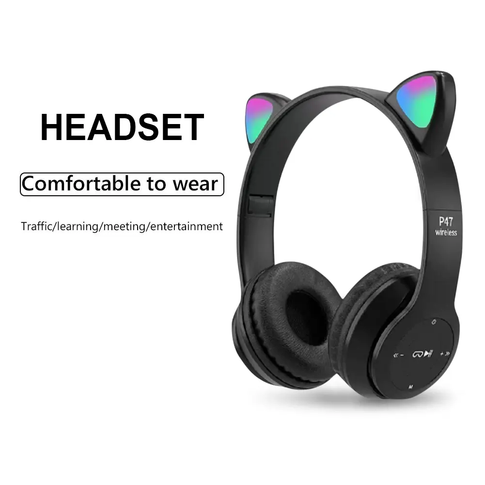 Wireless Headphones Cat Ear Bluetooth-Compatible Helmets Stereo Bass Over-Ear Headsets Sports Headphones for Kids and Adult