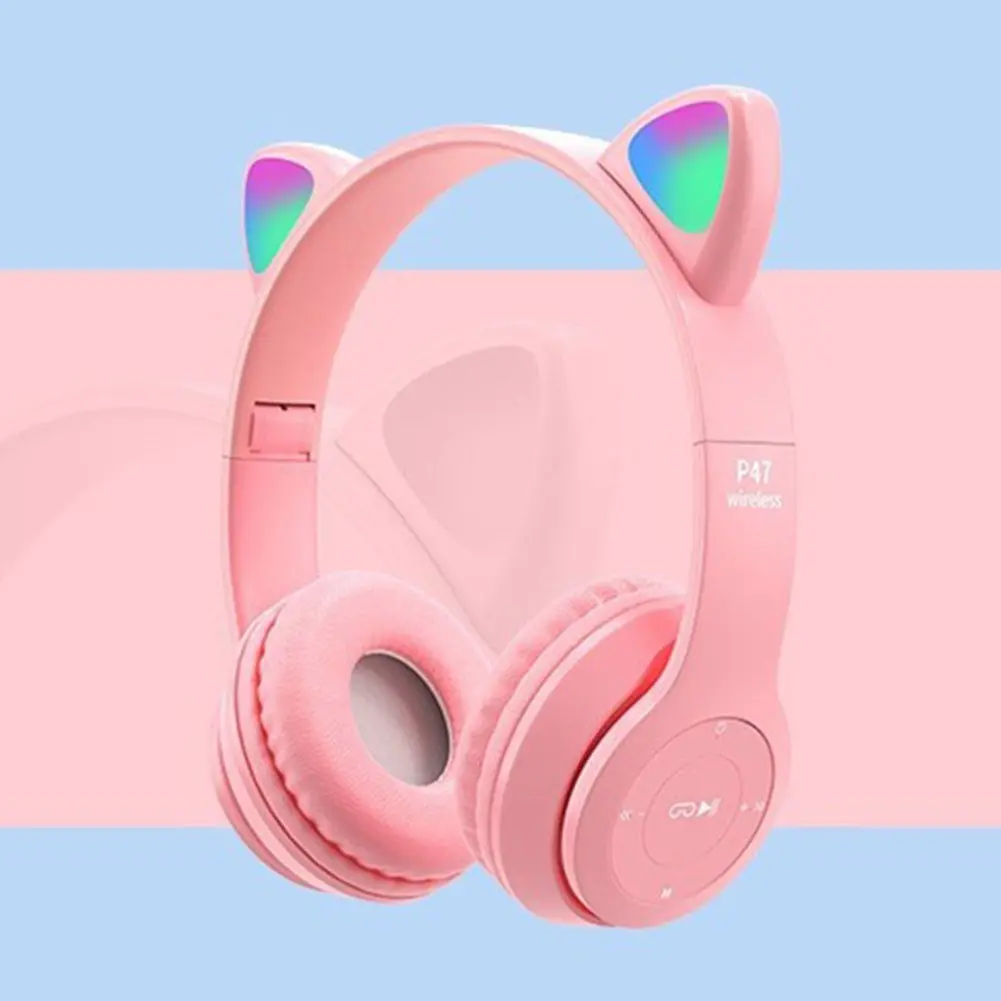 Wireless Headphones Cat Ear Bluetooth-Compatible Helmets Stereo Bass Over-Ear Headsets Sports Headphones for Kids and Adult