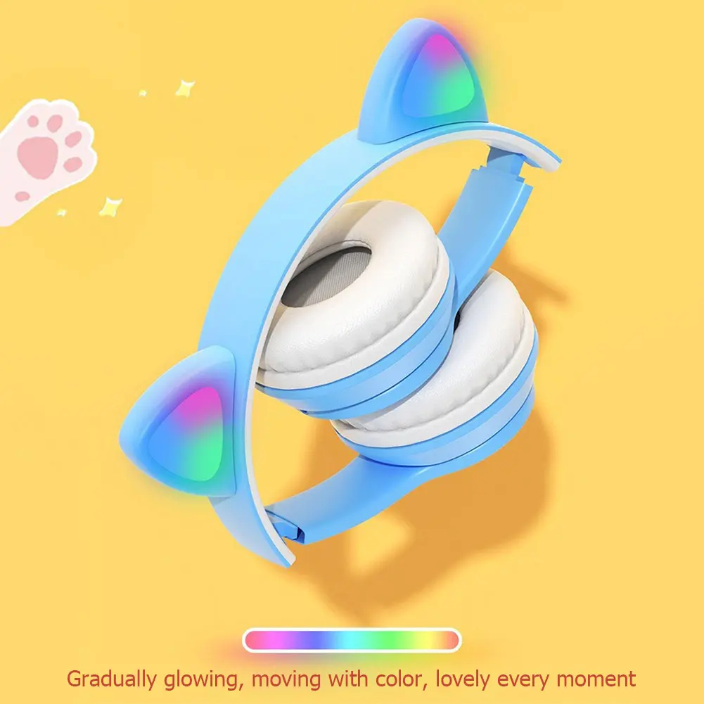 Wireless Headphones Cat Ear Bluetooth-Compatible Helmets Stereo Bass Over-Ear Headsets Sports Headphones for Kids and Adult