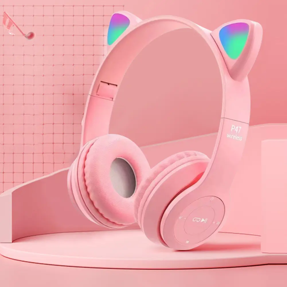 Wireless Headphones Cat Ear Bluetooth-Compatible Helmets Stereo Bass Over-Ear Headsets Sports Headphones for Kids and Adult