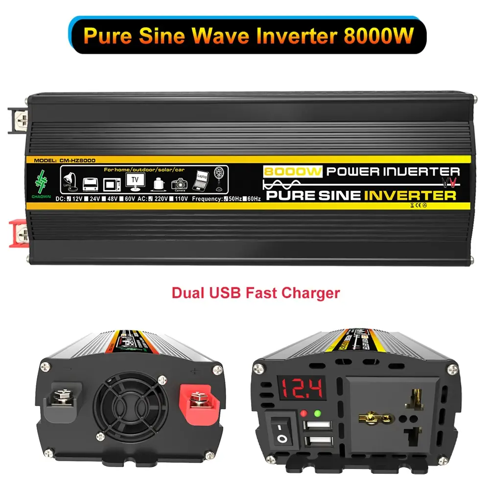 Pure Sine Wave Car Inverter DC 12V to AC 220V 8000/6000/4000/3000W Dual USB LED Display Intelligent Power Inverter With Fan