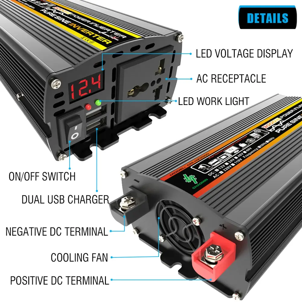 Pure Sine Wave Car Inverter DC 12V to AC 220V 8000/6000/4000/3000W Dual USB LED Display Intelligent Power Inverter With Fan