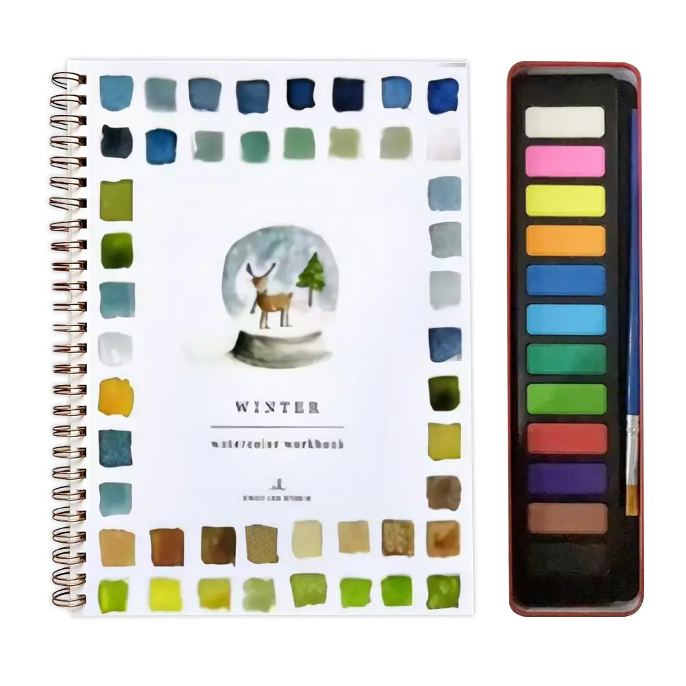 Watercolor Workbook with Paint Brushes and 12 Colors of Paint Portable Watercolor Painting Book Kids Picture Drawing Stationery