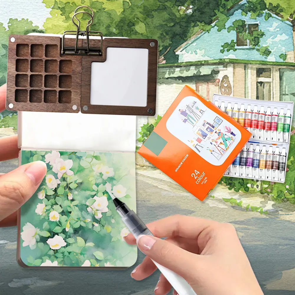 Travel Paint Palette Pocket Artist Watercolor Set Mini Watercolor Palette Set Wooden Grid Paint Box Gift for Kids