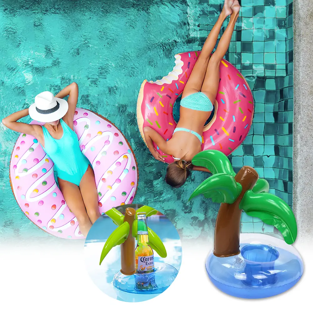1-5Pcs Inflatable Flamingo Donut Lemon Watermelon Pineapple Crab Love Heart Cup Holder Inflatable Water Coaster