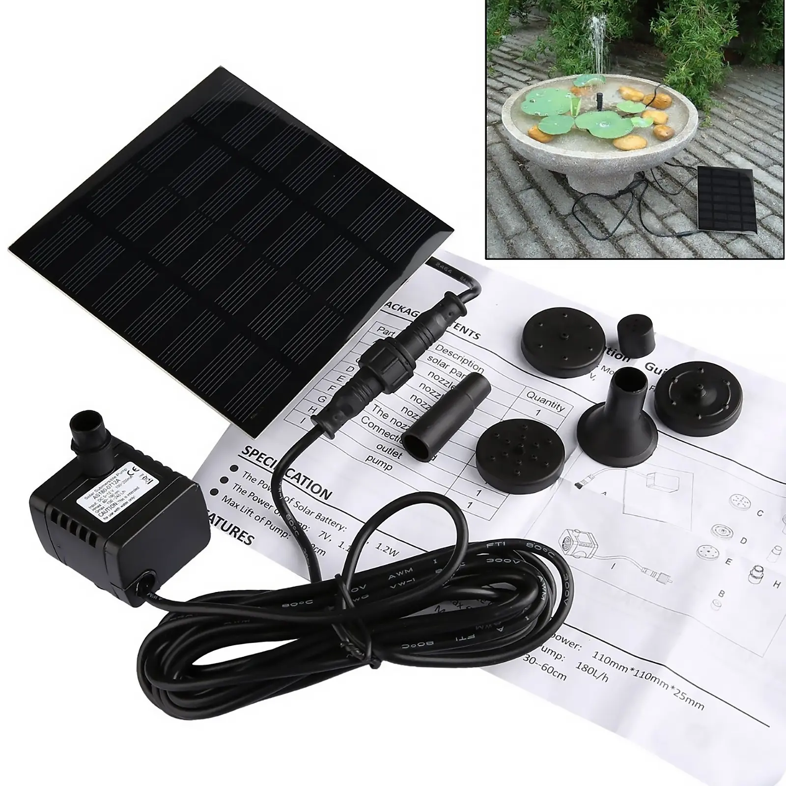 Solar Fountain Pump Replaceable with 6 Nozzles Aquarium Wave Maker Easy Installation Multifunctional Portable for Outdoor Garden