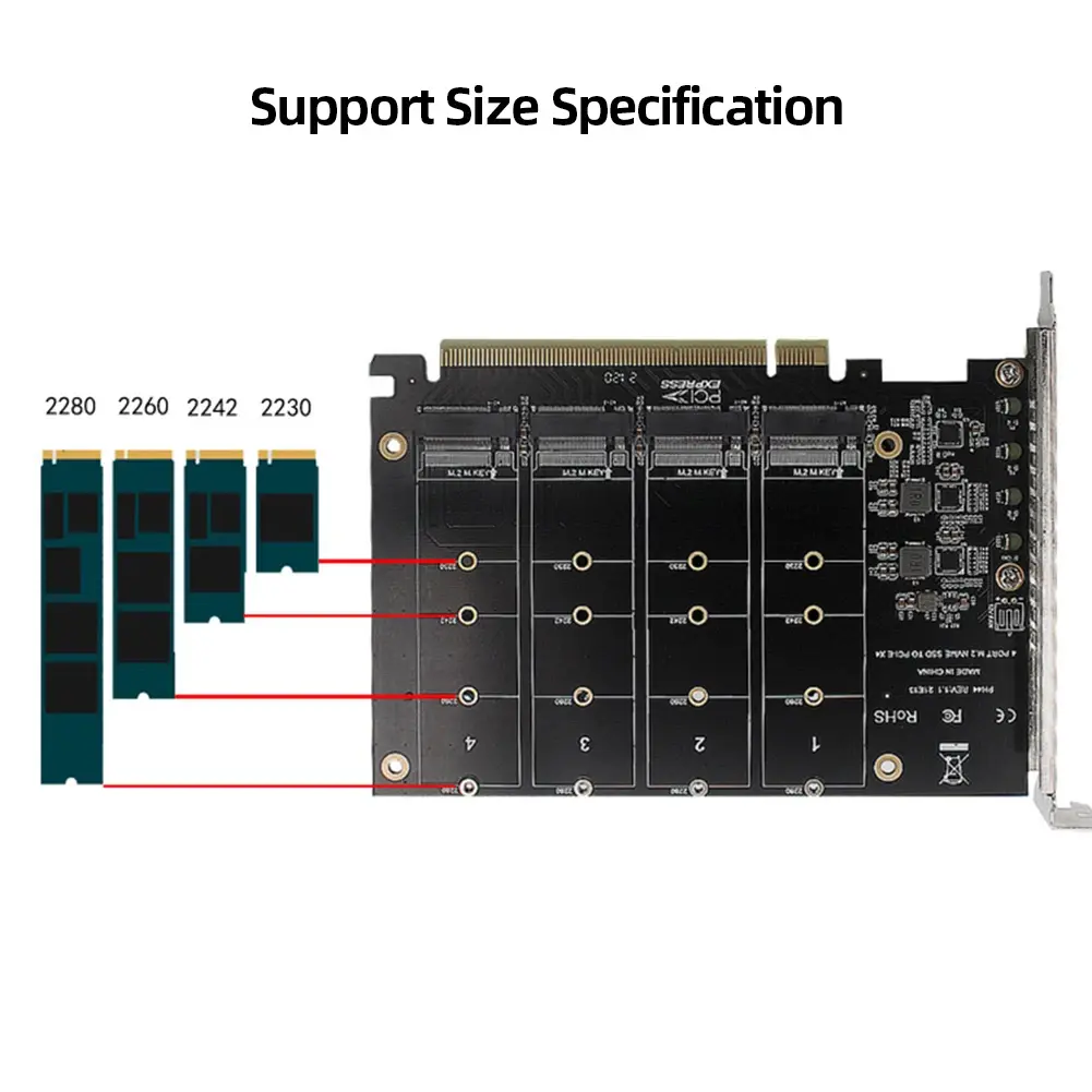 4 Disk M.2 NVME M KEY SSD To PCIe 4.0 X16 Adapter with Heat Sink PCIEX16 NVME M.2 MKEY SSD RAID Array Expansion 4 X 32Gbps