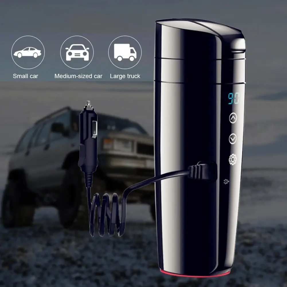 12V-24V Car Heating Cup Digital LCD Display Coffee Milk Heated Kettle Smart Temperature Control Water Warmer Bottle Touch Screen