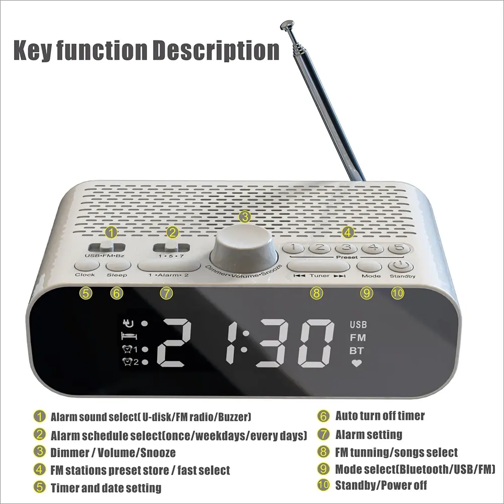 Digital Alarm Clock Radio Portable BT FM Radio Rechargeable Digital Radio with Auto-Off Timer Clock Radio for Bedroom