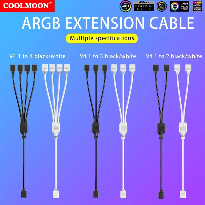 COOLMOON 5V 3PIN ARGB Splitter 1 To 2/3/4 Mainboard ARGB Extension Cable Resistant Extension Fan Connector for CPU Fan PC Case