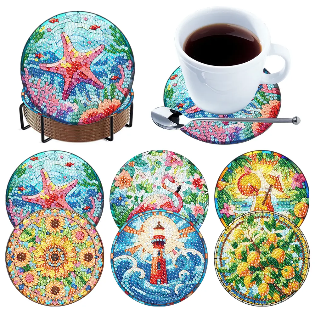 6 Pcs DIY Diamond Painting Coasters Kits with Holder DIY Coaster Diamond Art Kits for Beginners Adults Art Craft Supplies