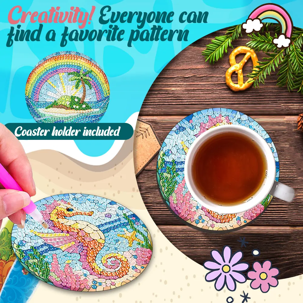 6 Pcs DIY Diamond Painting Coasters Kits with Holder DIY Coaster Diamond Art Kits for Beginners Adults Art Craft Supplies