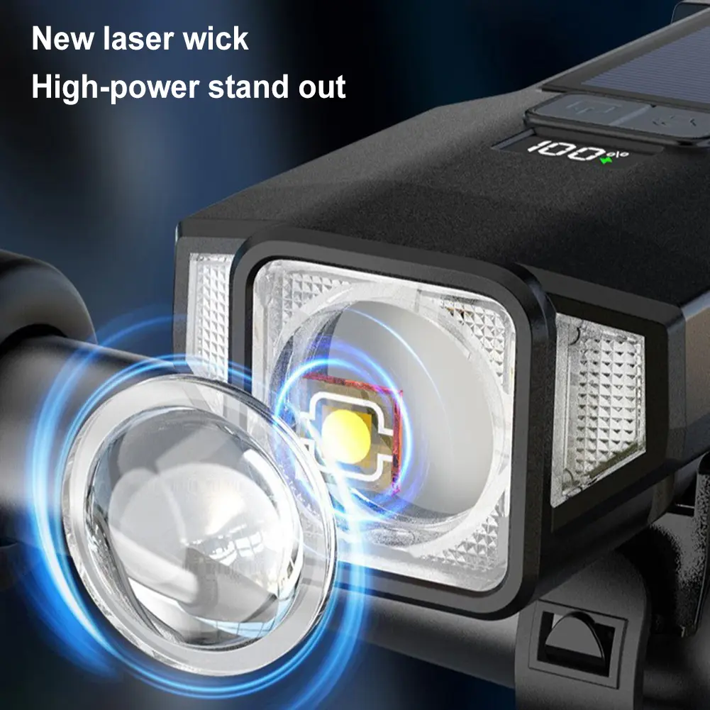 Solar Bicycle Headlight USB Rechargeable Super Bright Bike Light Power Display High Brightness Bike Flashlight for Night Riding