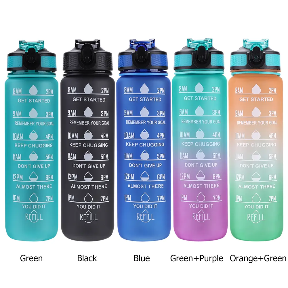 1000ml Plastic Frosted Cup Leakproof Fitness Cups BPA-Free Portable Drinking Cup with Time Scale for Camping Running