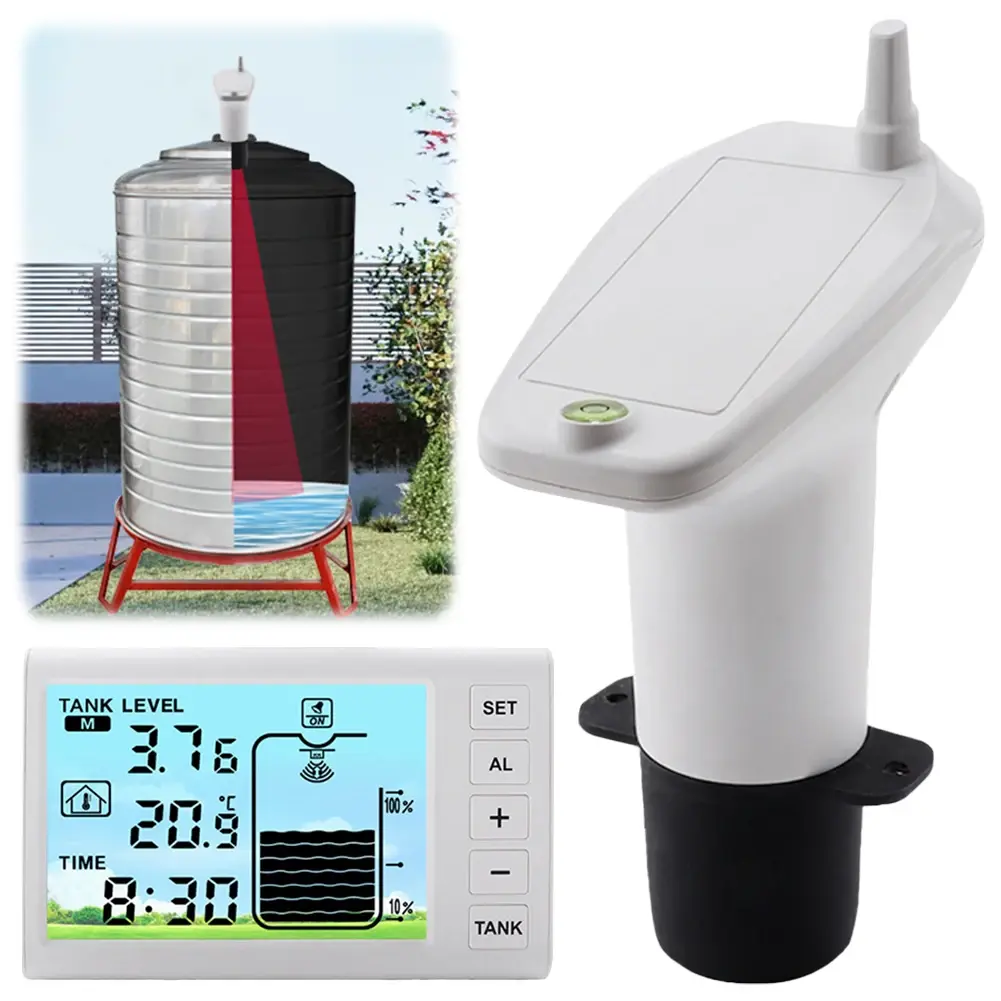 Ultrasonic Water Tank Liquid Depth Level Meter Temperature Sensor Time Display W/ Alarm Ultrasonic Tank Liquid Depth Level Meter