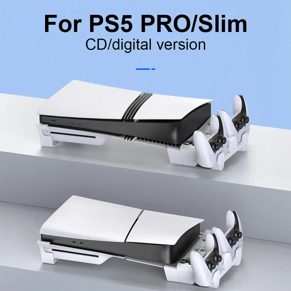 Horizontal Stand For PS5 Pro/PS5 Slim Disc/Digital Edition with Dual Controller Charger Cooling Station 3 Gear Adjustable Speeds