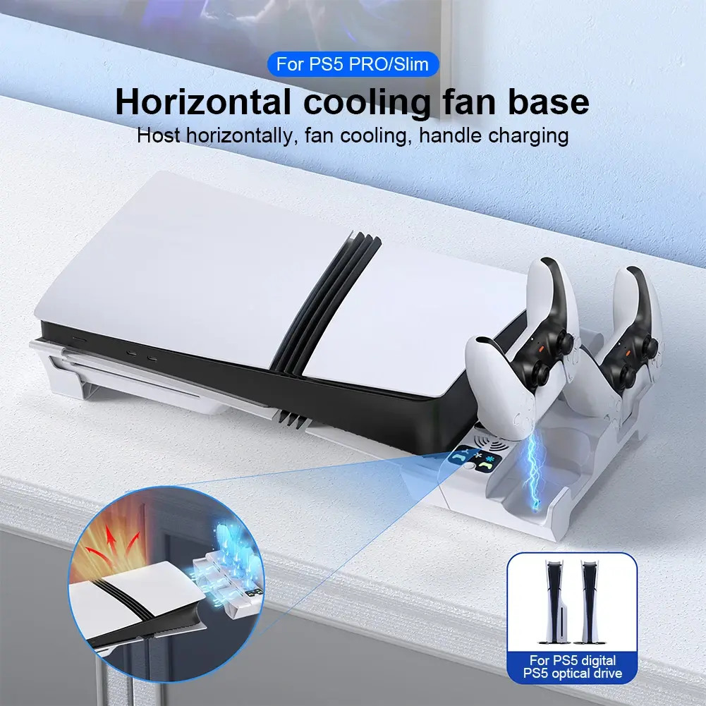 Horizontal Stand For PS5 Pro/PS5 Slim Disc/Digital Edition with Dual Controller Charger Cooling Station 3 Gear Adjustable Speeds