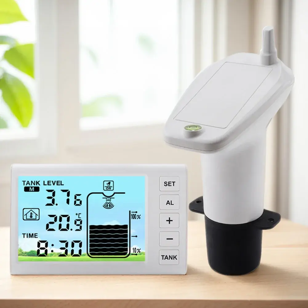 Ultrasonic Water Tank Liquid Depth Level Meter Temperature Sensor Time Display W/ Alarm Ultrasonic Tank Liquid Depth Level Meter