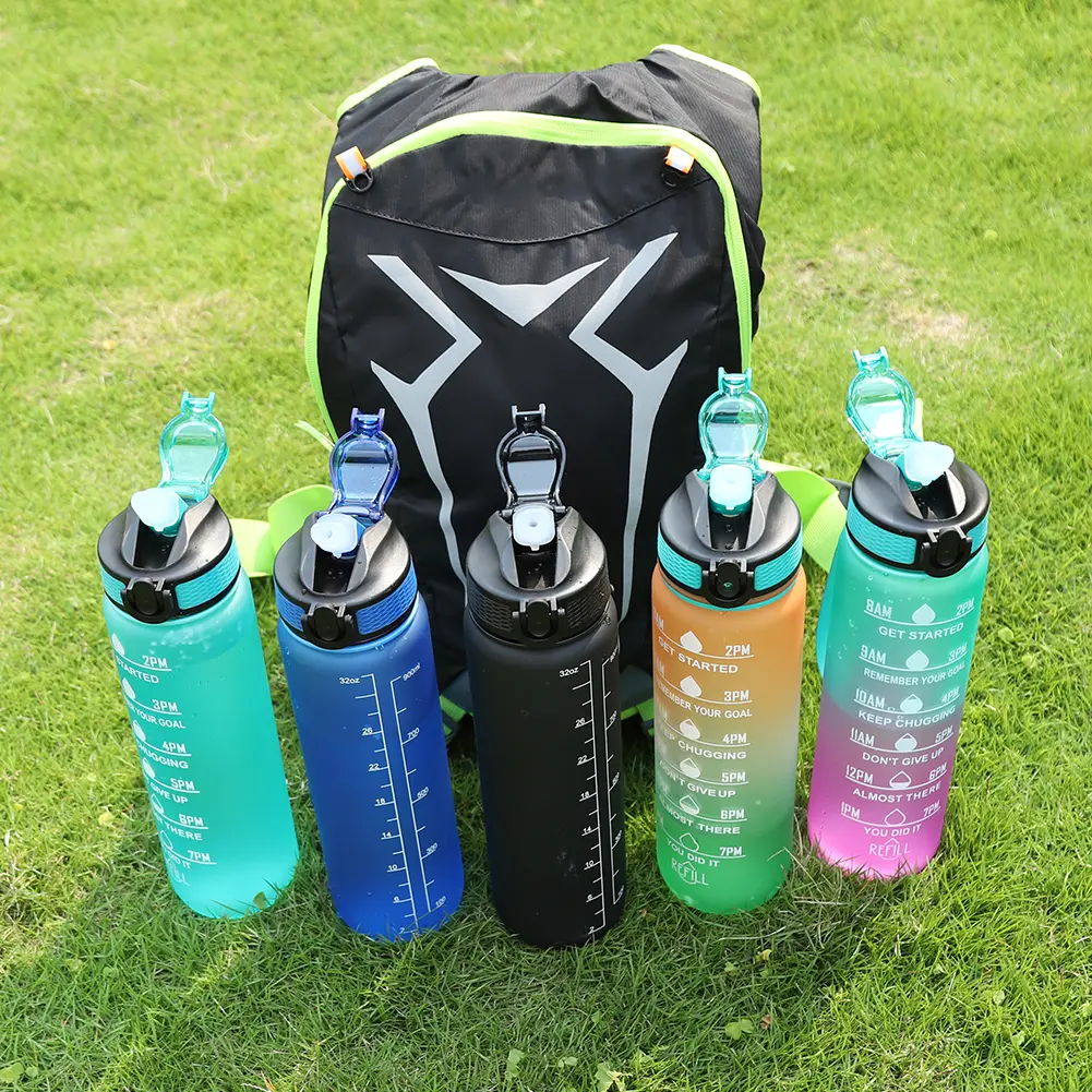 1000ml Plastic Frosted Cup Leakproof Fitness Cups BPA-Free Portable Drinking Cup with Time Scale for Camping Running