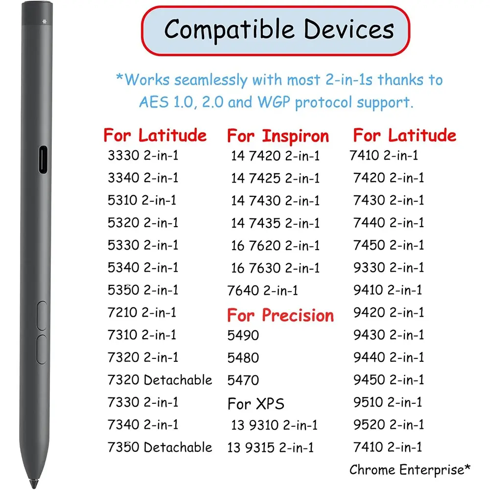 PN7522W Rechargeable Active Pen Stylus Pen 4096 Level Pressure Sensitivity Touch Screen Stylus Pen for Dell Latitude 5310 2 in 1