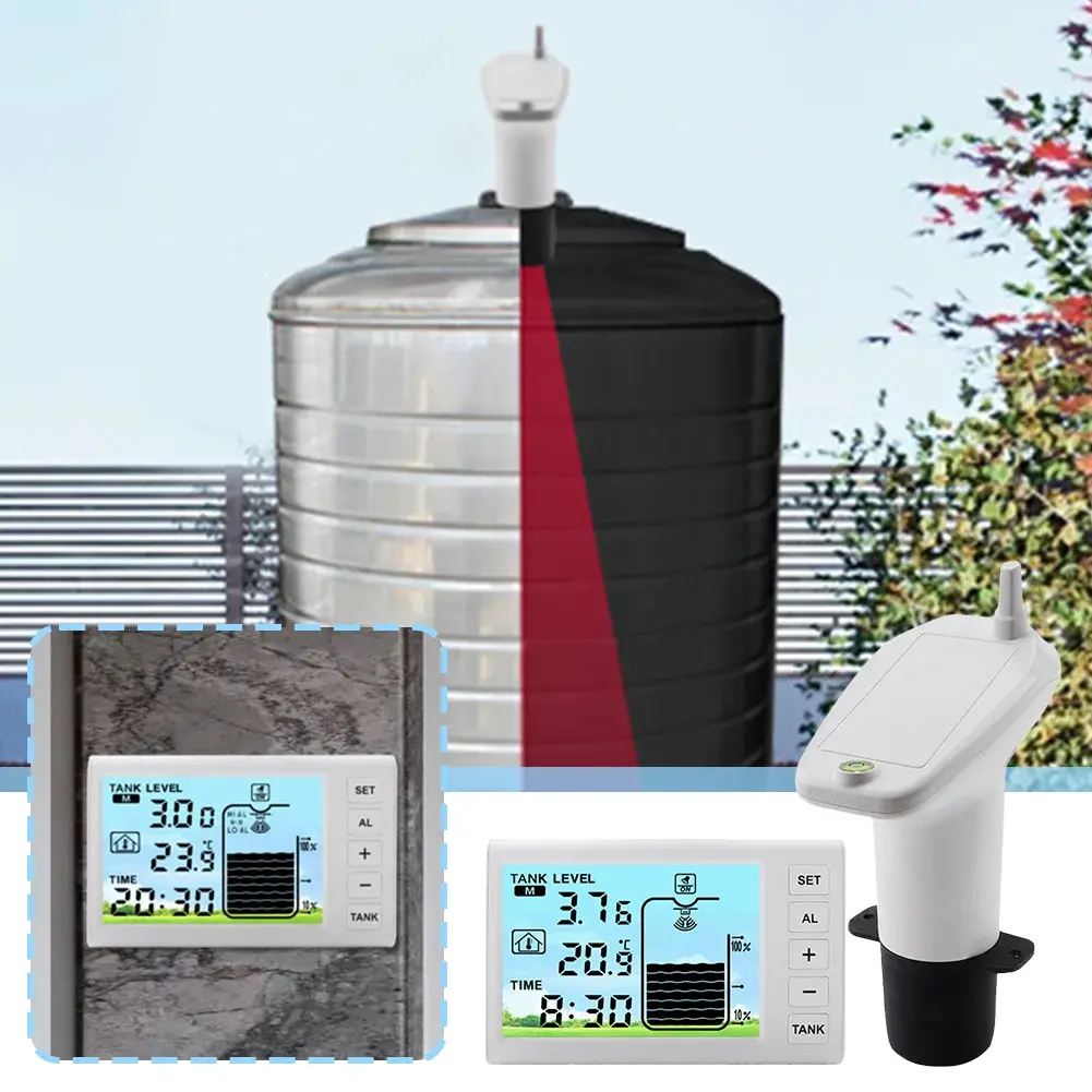 Ultrasonic Water Tank Liquid Depth Level Meter Temperature Sensor Time Display W/ Alarm Ultrasonic Tank Liquid Depth Level Meter