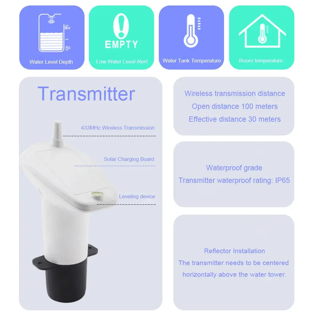 Ultrasonic Water Tank Liquid Depth Level Meter Temperature Sensor Time Display W/ Alarm Ultrasonic Tank Liquid Depth Level Meter
